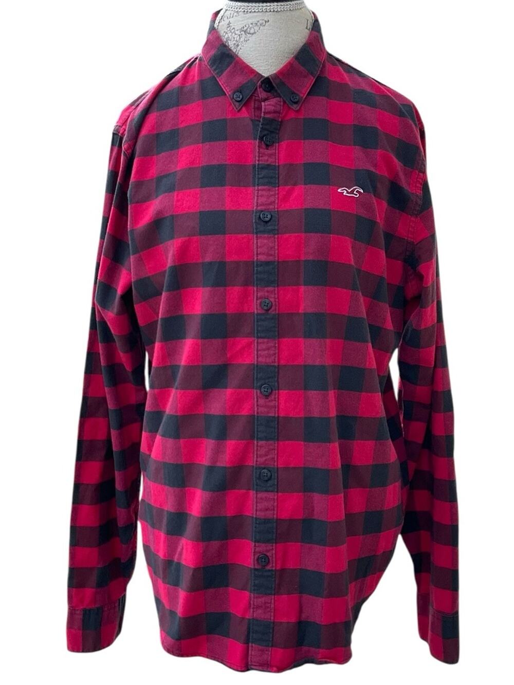 Hollister Slim Fit Plaid Button-Down Shirt Red Black Epic Stretch Size Large EUC